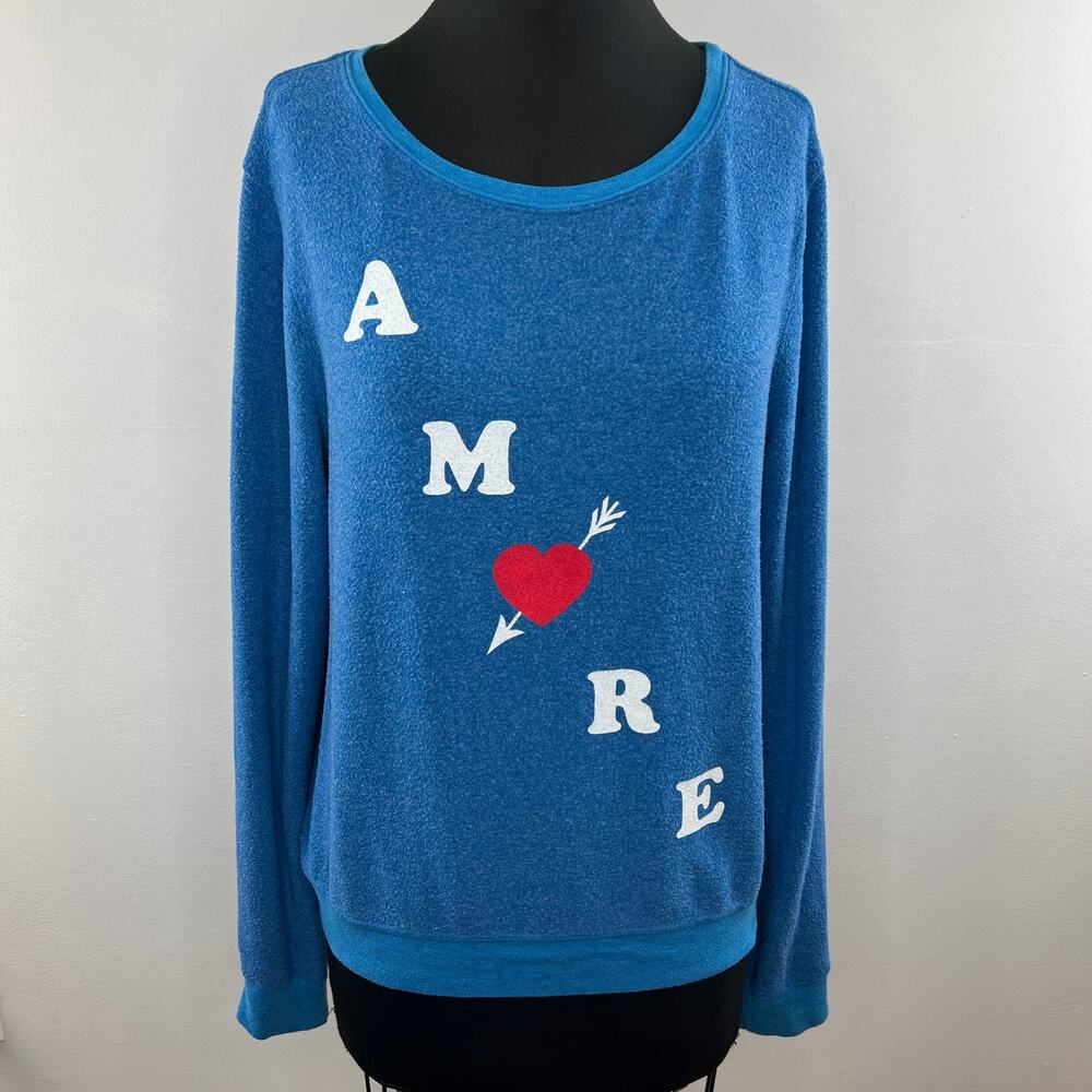 WildFox AMORE Blue Long Sleeve Round Neck Pullover Sweatshirt Size M Medium